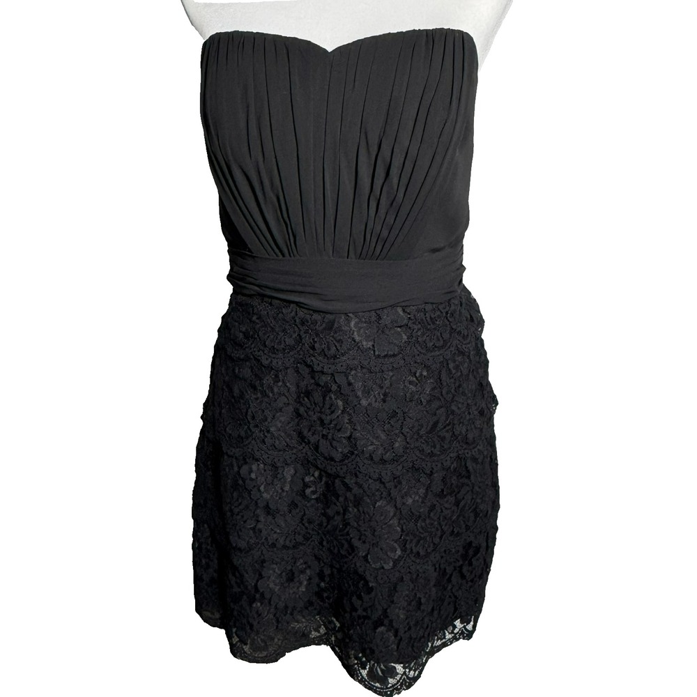 DAVID'S BRIDAL 14 Black Pleated Cocktail Mini Dress Tiered Lace Skirt Sweetheart - Picture 3 of 9